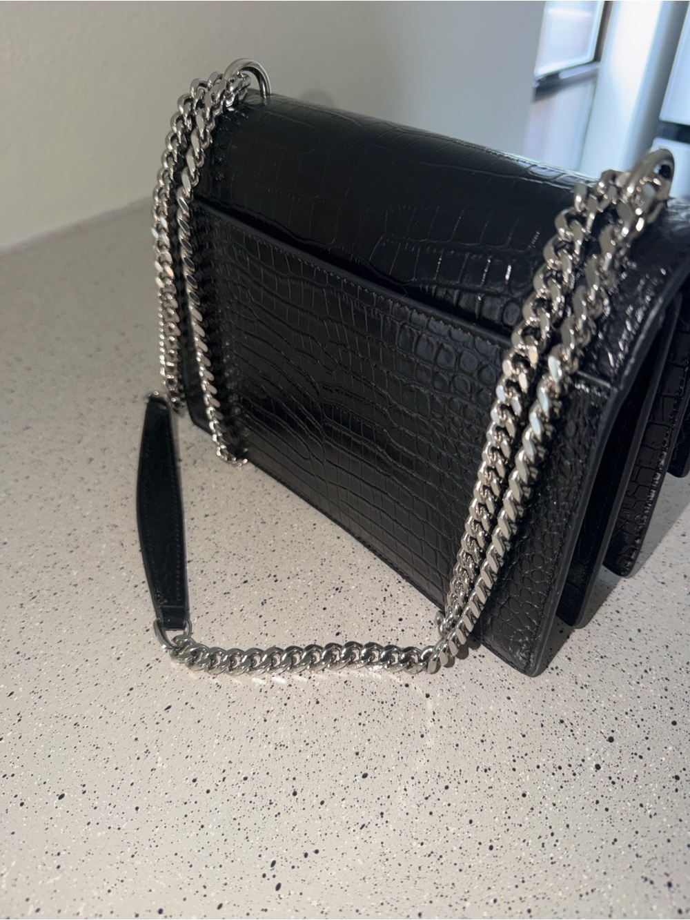 Saint Laurent Black Croc-Embossed Shoulder Bag with Silver YSL Hardware - Picture 6 of 9